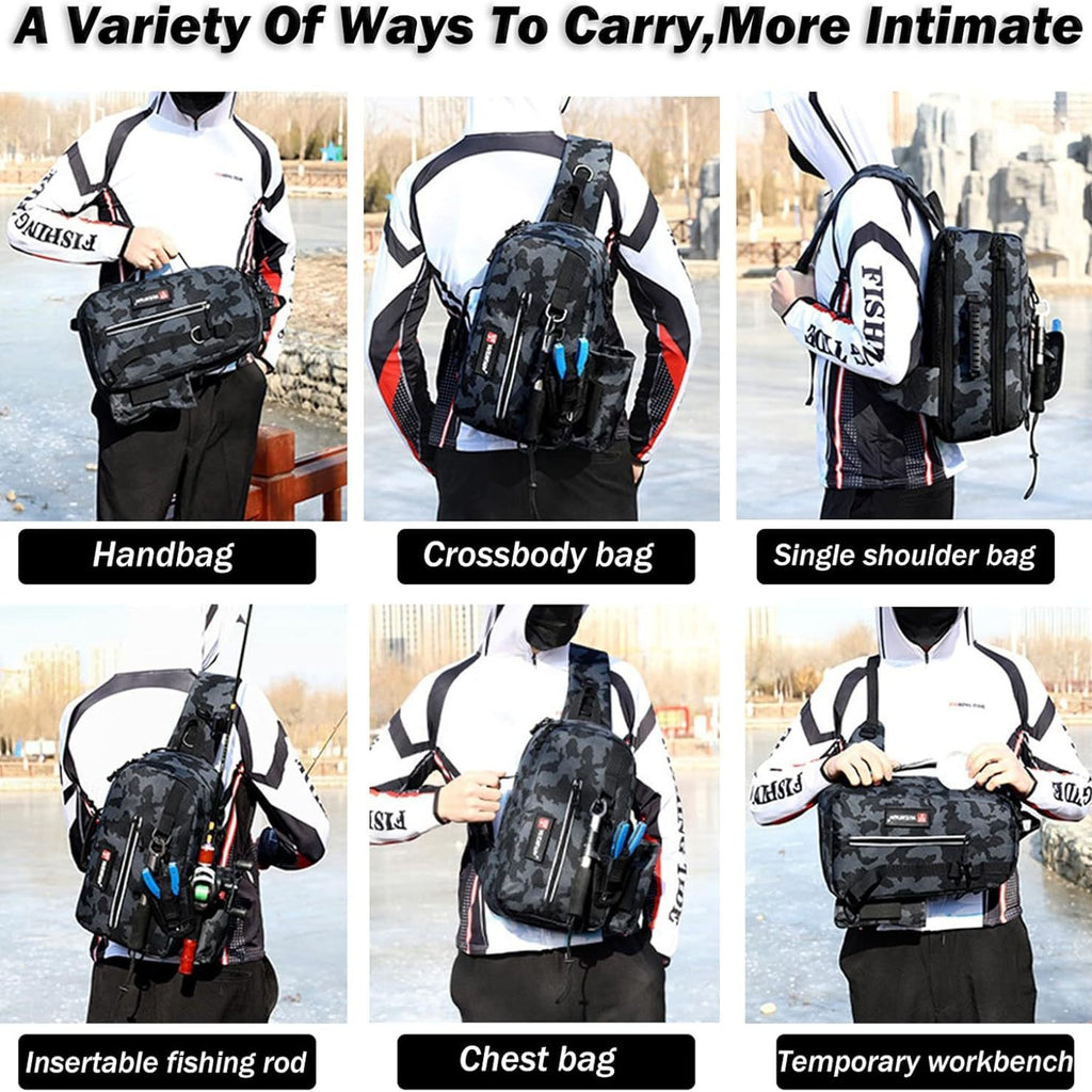 Multifunctional lure bag for storing fishing gear and rods, outdoor shoulder/crossbody fishing bag